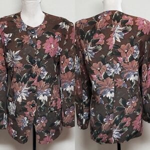 90s Vintage Jones New York Watercolor Floral Ribbed Collarless Blazer Jacket 12